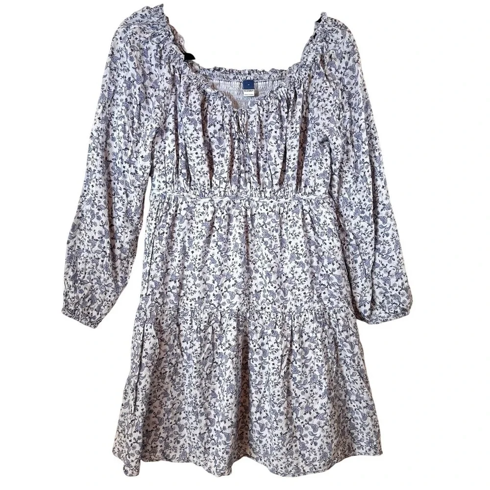 Old Navy Paisley Mini Dress Womens Medium‎ Blue Smocked Tiered Boho Cottagecore